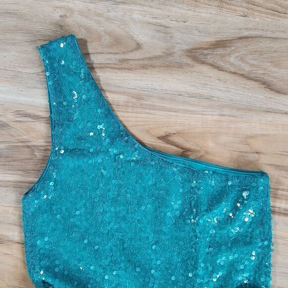 🔺️Lily Rose Teal Sequined One Shoulder Belted Sash Dress Small - Picture 3 of 12